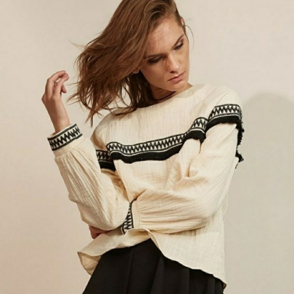 NWT - Moon River Fringe Trim Boho Long Sleeve Top